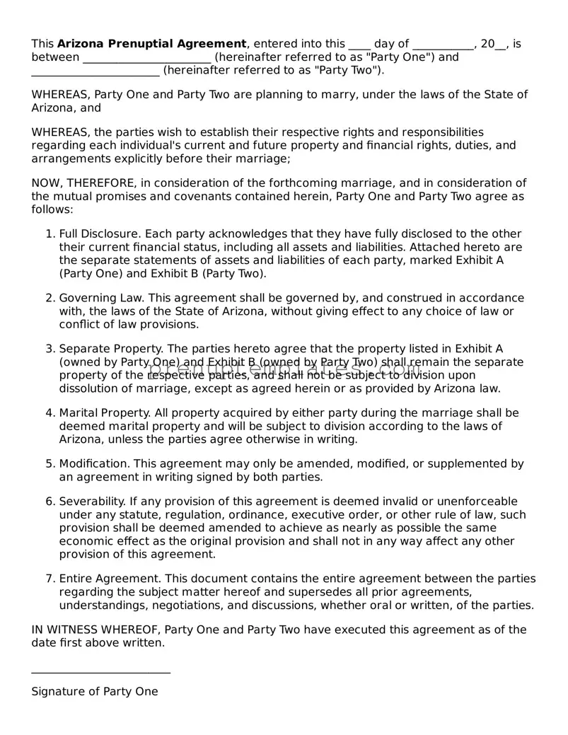 Official Prenuptial Agreement Template for Arizona State