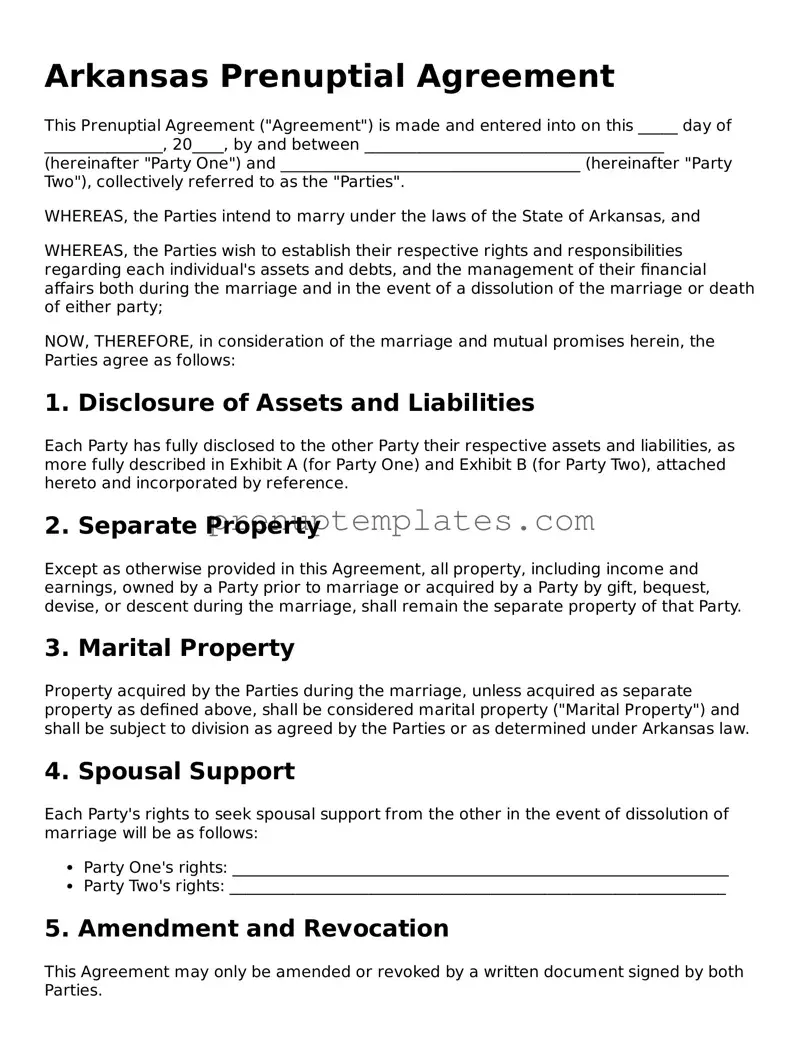 Official Prenuptial Agreement Template for Arkansas State