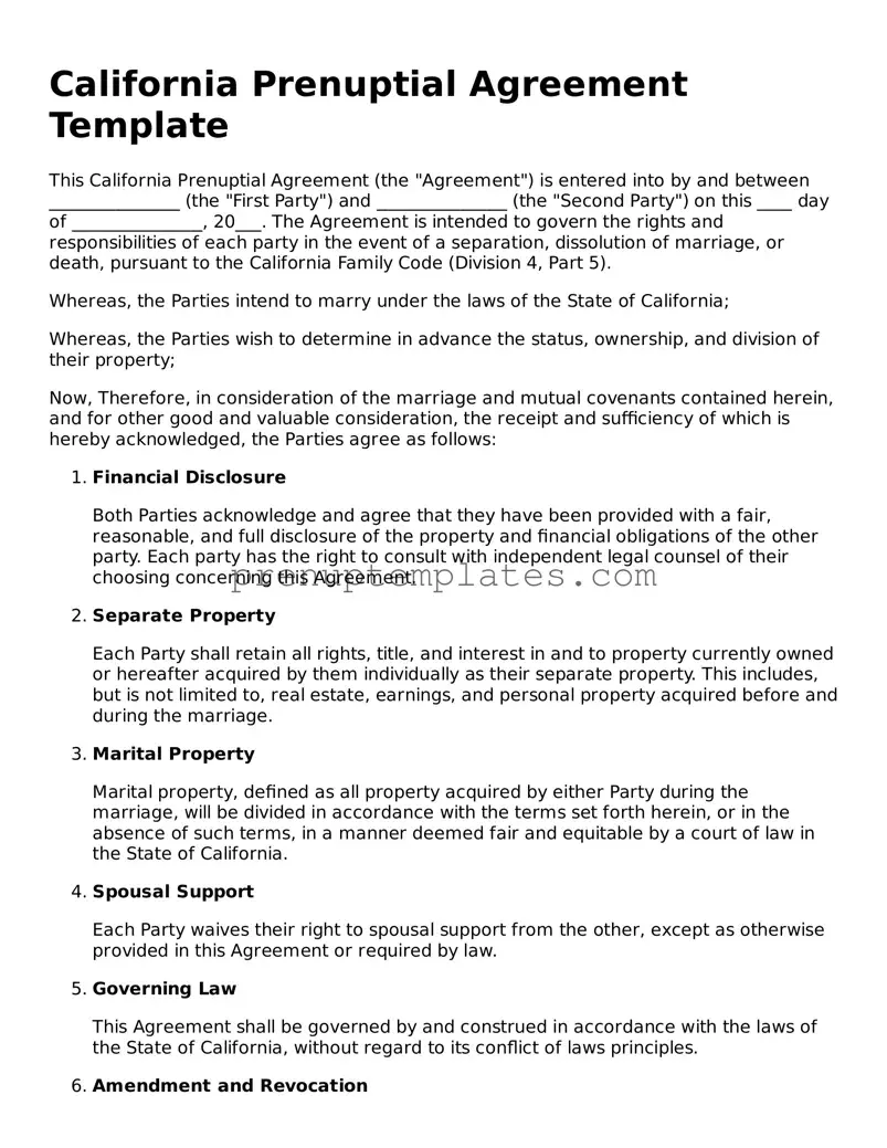 Official Prenuptial Agreement Template for California State