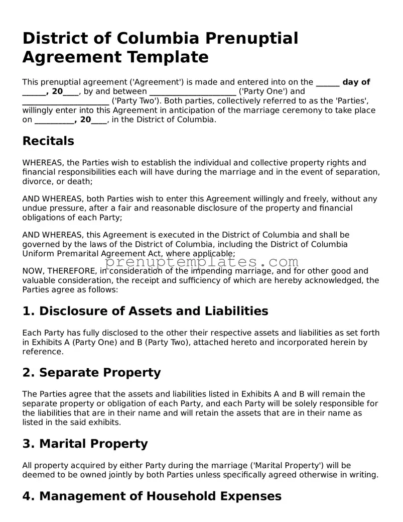 Official Prenuptial Agreement Template for District of Columbia State