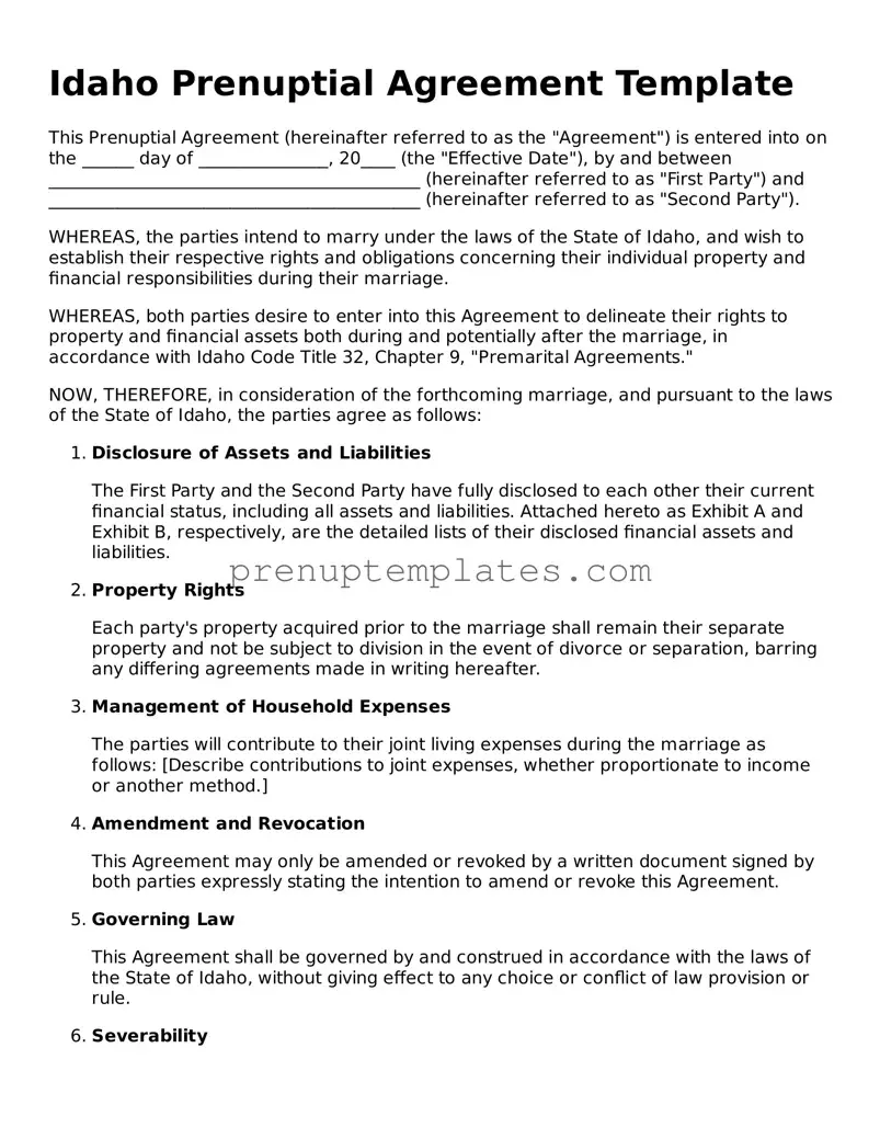 Official Prenuptial Agreement Template for Idaho State
