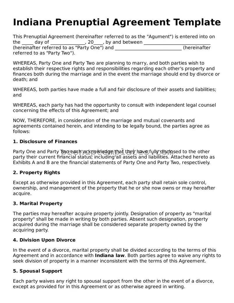 Official Prenuptial Agreement Template for Indiana State