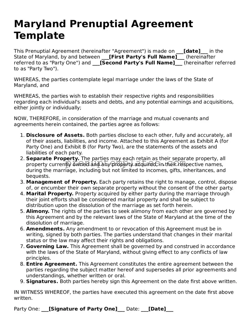 Official Prenuptial Agreement Template for Maryland State