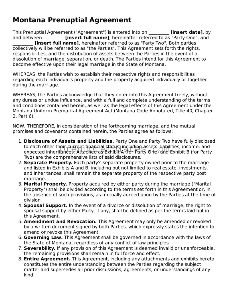 Official Prenuptial Agreement Template for Montana State