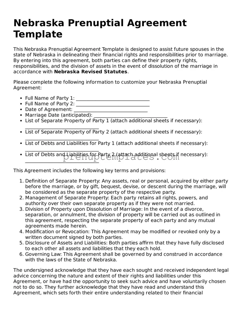 Official Prenuptial Agreement Template for Nebraska State