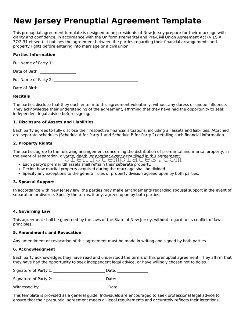 Official Prenuptial Agreement Template for New Jersey State
