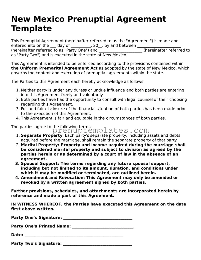 Official Prenuptial Agreement Template for New Mexico State