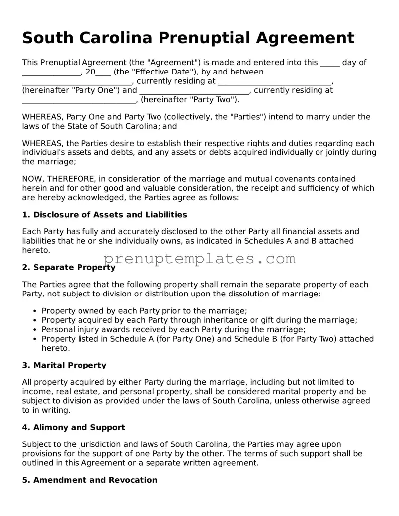 Official Prenuptial Agreement Template for South Carolina State
