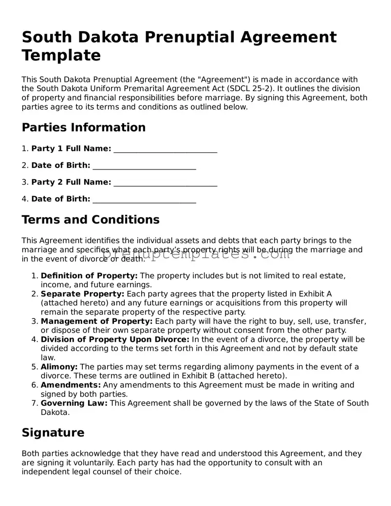 Official Prenuptial Agreement Template for South Dakota State