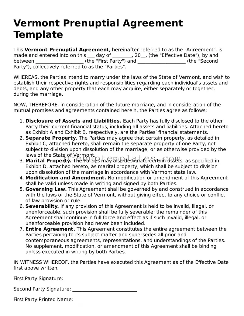Official Prenuptial Agreement Template for Vermont State