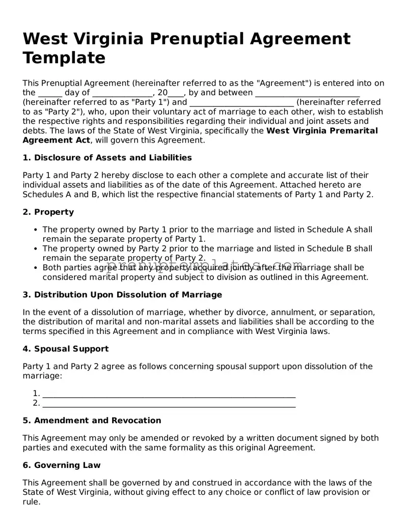 Official Prenuptial Agreement Template for West Virginia State